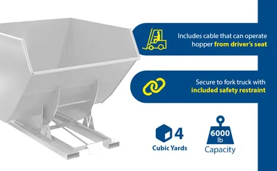 Vestil D-400-HD-WHT d style - self-dumping steel hoppers with bumper release feature highlights