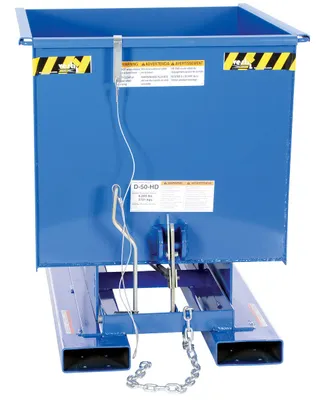 Vestil D-50-HD d style - self-dumping steel hoppers with bumper release shown from an alternate angle