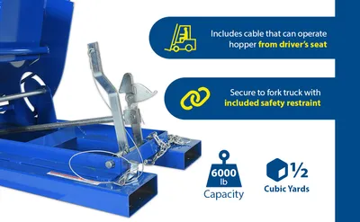 Vestil D-50-HD d style - self-dumping steel hoppers with bumper release feature highlights