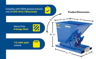 Vestil D-50-HD d style - self-dumping steel hoppers with bumper release feature highlights