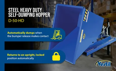Vestil D-50-HD d style - self-dumping steel hoppers with bumper release feature highlights