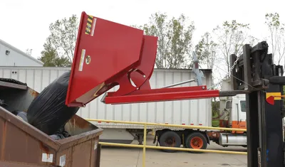 Vestil D-50-HD-SR d style - self-dumping steel hoppers with bumper release shown from an alternate angle