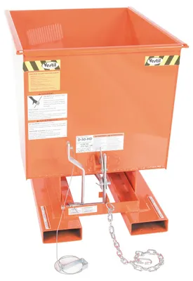 Vestil D-50-LD-ORG-C d style - self-dumping steel hoppers with bumper release shown from an alternate angle