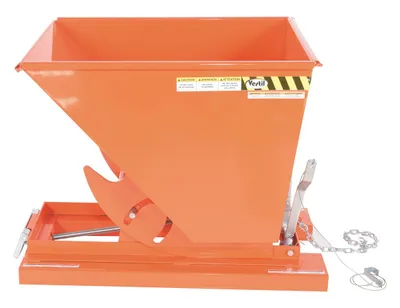 Vestil D-50-LD-ORG-C d style - self-dumping steel hoppers with bumper release shown from an alternate angle