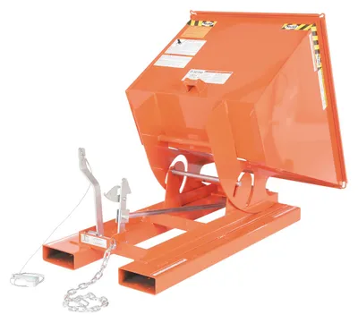 Vestil D-50-LD-ORG-C d style - self-dumping steel hoppers with bumper release shown from an alternate angle