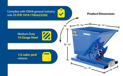 Vestil D-50-MD d style - self-dumping steel hoppers with bumper release feature highlights