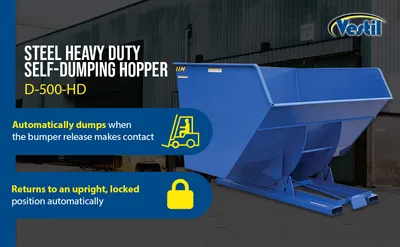 Vestil D-500-HD d style - self-dumping steel hoppers with bumper release feature highlights