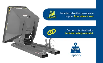 Vestil D-75-HD-GY-MG d style - self-dumping steel hoppers with bumper release feature highlights