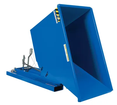 Vestil D-75-MD d style - self-dumping steel hoppers with bumper release shown from an alternate angle