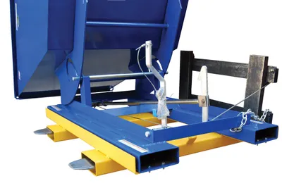 Vestil D-TILT d style - self-dumping steel hoppers with bumper release shown from an alternate angle