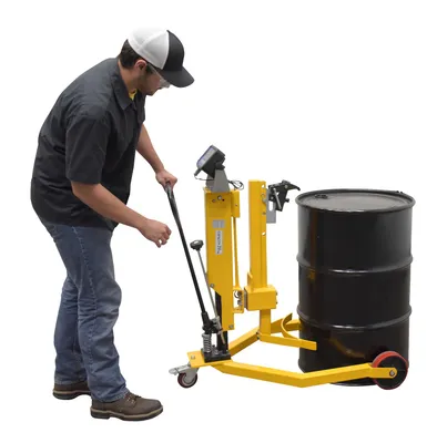 Vestil DRUM-55-SCL ergonomic drum truck with scale shown from an alternate angle