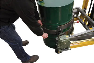 Vestil DRUM-LRT-EC economy portable drum lifter rotator transporter shown from an alternate angle