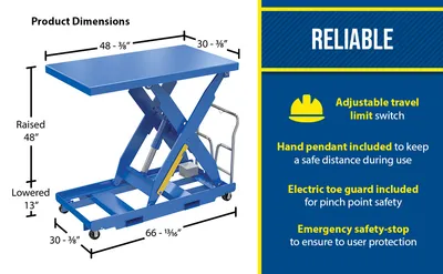 Vestil EHLTP-3048-3-48-A1 portable electric hydraulic lift table feature highlights