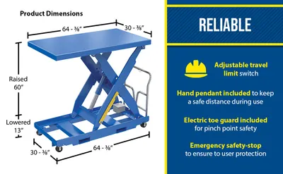 Vestil EHLTP-3064-2-60-A1 portable electric hydraulic lift table feature highlights