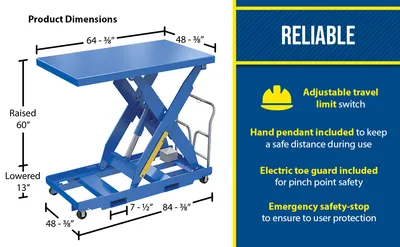 Vestil EHLTP-4864-3-60-A1 portable electric hydraulic lift table feature highlights