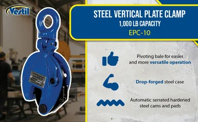 Vestil EPC-10 vertical plate clamp feature highlights