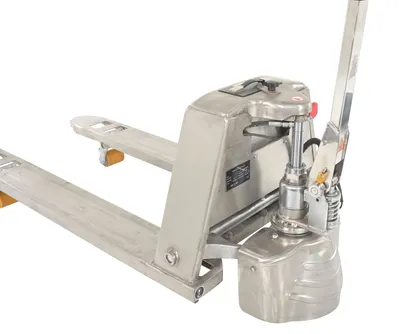 Vestil EPT-2748-30-SS stainless steel fully electric pallet truck shown from an alternate angle