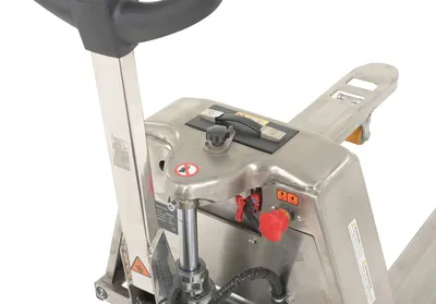 Vestil EPT-2748-30-SS stainless steel fully electric pallet truck shown from an alternate angle