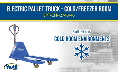 Vestil EPT-CFR-2748-40 electric pallet truck for cold room feature highlights