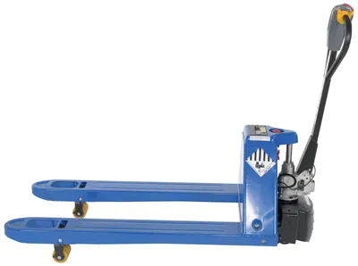 Vestil EPT-S-2748-40 economy semi-automatic electric pallet truck shown from an alternate angle