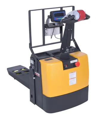 Vestil EPT-SF-1240-26-SCL single fork electric pallet truck w scale shown from an alternate angle