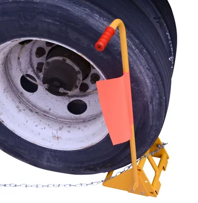 Vestil FAB-10-ERGO-FL ergo-handle wheel chock shown from an alternate angle
