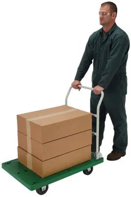 Vestil FPT-2537 plastic platform trucks with fold down handle shown from an alternate angle