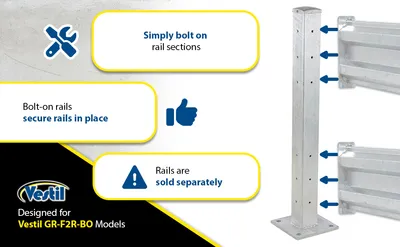 Vestil GR-F2R-BO-TP42-HDG structural guard rails (drop-in and bolt-on style) feature highlights