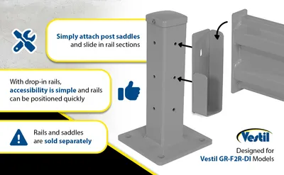 Vestil GR-F2R-DI-10-SL structural guard rails (drop-in and bolt-on style) feature highlights