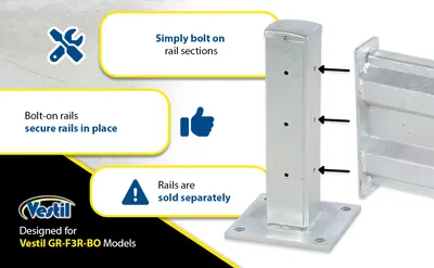 Vestil GR-F3R-BO-TP18-HDG structural guard rails (drop-in and bolt-on style) feature highlights