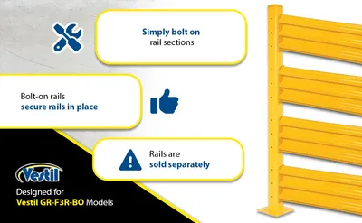 Vestil GR-F3R-BO-TP72-YL structural guard rails (drop-in and bolt-on style) feature highlights