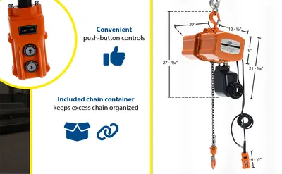 Vestil H-1000-1 economy chain hoists with chain container feature highlights