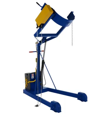 Vestil Steel Portable DC Powered Hydraulic Drum Carrier, Rotator and Boom 71-1/4 In. Lift Height 800 Lb. Capacity Blue / Yellow