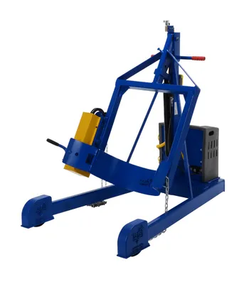 Vestil Steel Portable AC Powered Hydraulic Drum Carrier, Rotator and Boom 97-9/16 In. Lift Height 800 Lb. Capacity Blue / Yellow