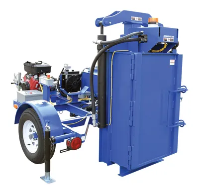 Vestil HDC-900-GPT mobile gasoline powered drum crusher shown from an alternate angle