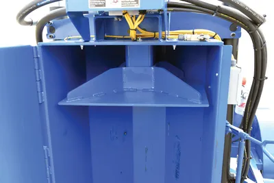 Vestil HDC-900-GPT mobile gasoline powered drum crusher shown from an alternate angle