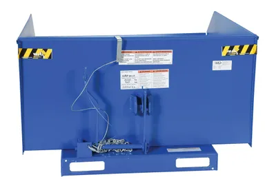Vestil HDROP-100-LD self-dumping steel hoppers with fold down front shown from an alternate angle