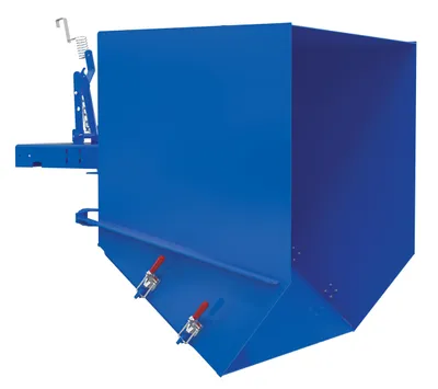 Vestil HDROP-150-LD self-dumping steel hoppers with fold down front shown from an alternate angle