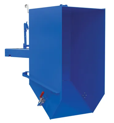 Vestil HDROP-50-LD self-dumping steel hoppers with fold down front shown from an alternate angle