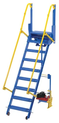Vestil Steel Folding Mezzanine Ladder with 115V Power Storage 84 In. Mezzanine Height 23-5/8 In. Step Width 350 Lb. Capacity Blue & Yellow