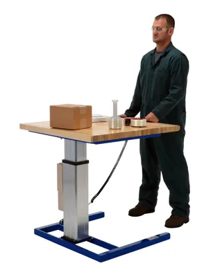 Vestil LAW-3636 linear actuated adjustable-height work bench shown from an alternate angle