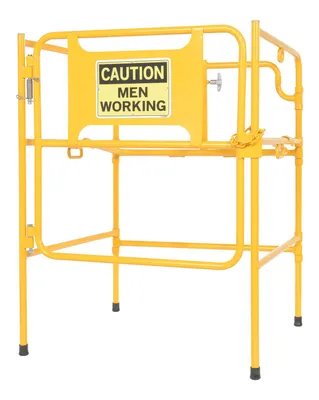 Vestil Steel Manhole Guard Rail with Aluminum Sign 31 In. x 30 In. Caution Men Working Sign Message Yellow