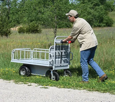 Vestil OROAD-1000 off-road traction drive powered cart shown from an alternate angle