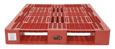 Vestil PLP2-4840-RED plastic pallets and skid shown from an alternate angle