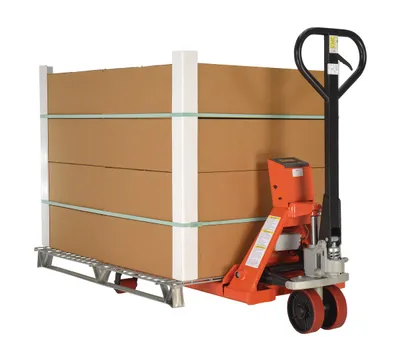 Vestil PM-2146-TL-SCL-LP pallet trucks with digital scale shown from an alternate angle