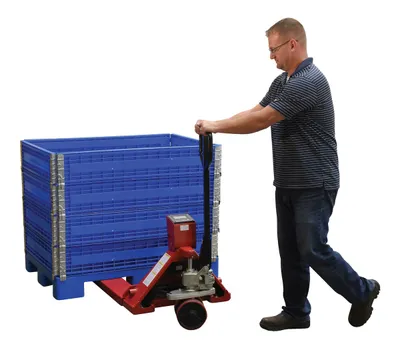 Vestil PM-2146-TL-SCL-LP pallet trucks with digital scale shown from an alternate angle