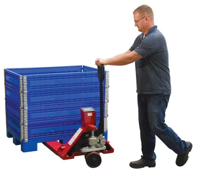 Vestil PM-2746-TL-SCL-LP pallet trucks with digital scale shown from an alternate angle
