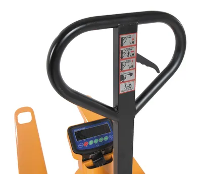 Vestil PM-2748-SCL-LP-E pallet trucks with digital scale shown from an alternate angle
