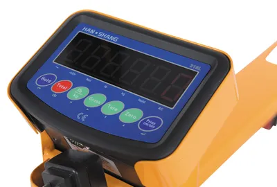 Vestil PM-2748-SCL-LP-E pallet trucks with digital scale shown from an alternate angle