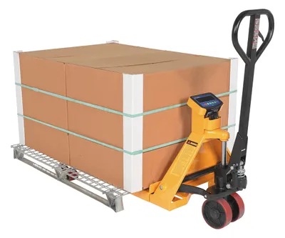 Vestil PM-2748-SCL-LP-E pallet trucks with digital scale shown from an alternate angle